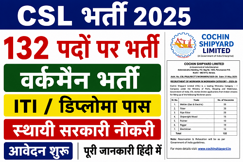 CSL Workmen Category Recruitment 2025-26 Total Vacancies 132